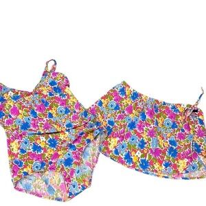 Vtg Sea Waves Floral Bathing Suit with Beach Skirt‎ Cover Up 16 Bright Co…